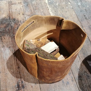 Firewood bag, shopper, shopping bag a. Oiled leather, beach bag, basket, returnable bottles, newspaper, brown, rustic look, wooden basket image 1