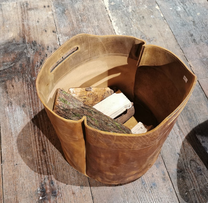 Firewood bag, shopper, shopping bag a. Oiled leather, beach bag, basket, returnable bottles, newspaper, brown, rustic look, wooden basket image 1