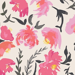 May include: A seamless pattern featuring pink and white flowers with black stems and leaves on a cream background.