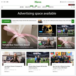 以下が含まれることがあります： ニュースウェブサイトのスクリーンショット。フットボールコーチの解雇、TikTokの新しいトレンド、10代の若者向けの無料オンラインセラピーに関する見出しが掲載されています。ウェブサイトの名前は「News」で、緑と白の配色になっています。