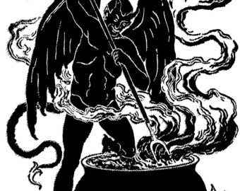 May include: A black and white illustration of a devil stirring a cauldron with a large spoon. The cauldron is over a fire and there is smoke coming from it. There is a bat flying in the background.