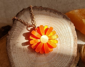 Autumnal Daisy Pendant, Gerbera Daisy Necklace, Orange Flower Jewellery, Laser-Cut Acrylic Jewellery, Gerbera Gifts