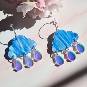 Iridescent Raindrop Cloud Earrings: Marble Blue Acrylic Weather Jewelry