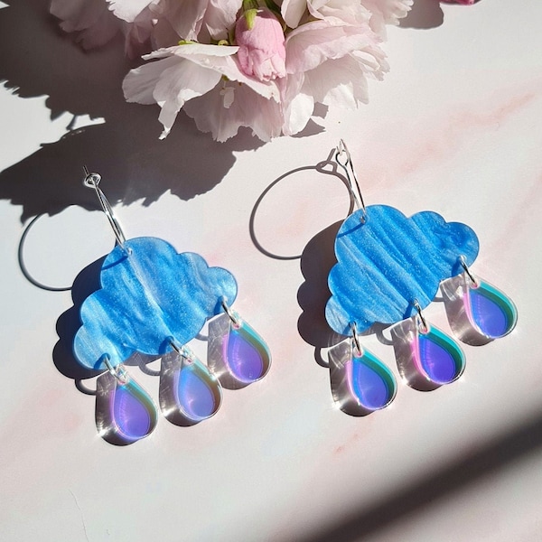 Marble Blue and Iridescent Cloud Earrings, Acrylic Cloud Earrings, Weather Jewellery