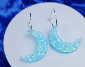 Crescent Blue Moon Hoop Earrings