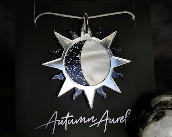 Sun and Moon Brooch or Pendant, Crescent Moon, Celestial Jewellery, Sun Necklace, Black and Silver Sun Jewellery, Wiccan Necklace