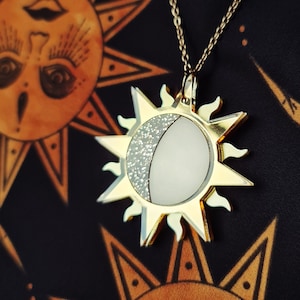 Gold Sun and Moon Pendant, Crescent Moon, Celestial Jewellery, Sun Necklace