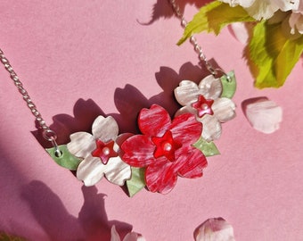 Sakura Blossom Bib Necklace, Cherry Blossom Jewellery, Spring Colours, Acrylic Jewellery, Vibrant Floral Necklace