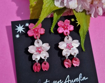 Cherry Blossom Drop Earrings | Flower Dangle Earrings | Acrylic Jewellery | Florist Gift | Spring Style | Pink Earrings