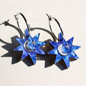 Midnight Star Earrings, Blue Moon and Star Earrings, Celestial Gifts, Whimsical Jewellery, Christmas Earrings