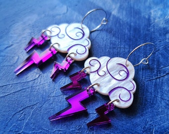 Acrylic Thundercloud Earrings with Mirror Purple Lighting Bolts