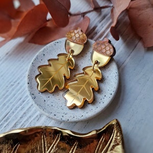 Statement Acorn and Oak Leaf Drop Earrings | Laser-Cut Acrylic Jewellery | Autumnal Wedding | Nature Jewellery