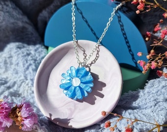 Dainty Marble Blue Daisy Pendant, Cute Flower Necklace, Blue Flower Pendant