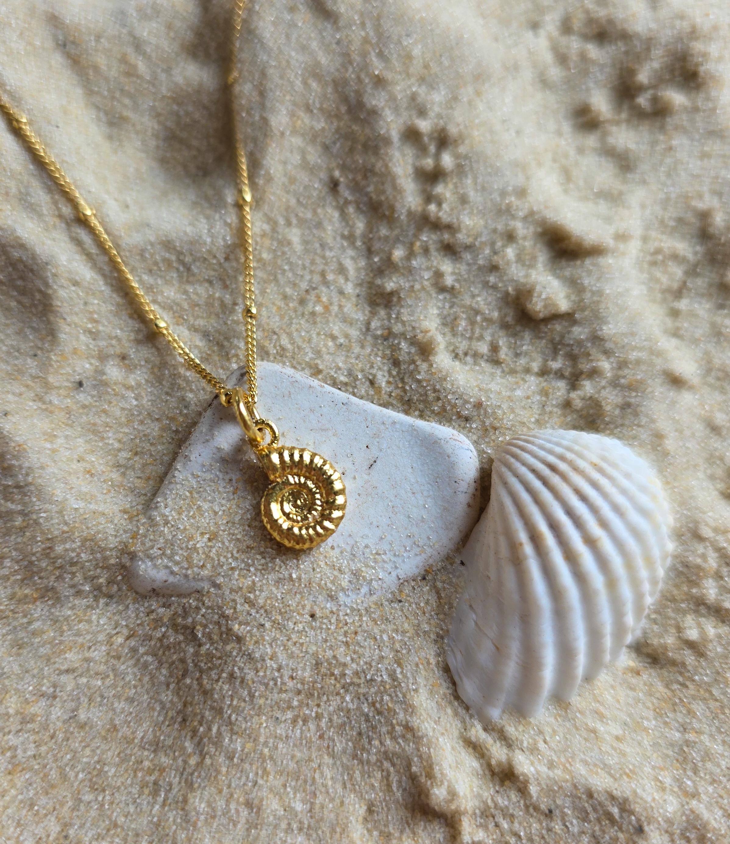 Gold Vermeil Ammonite Shell Necklace, Fine Coastal Jewellery, Gold Satellite Chain