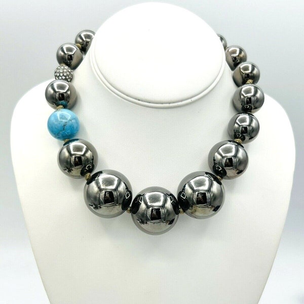 Lee Angel Hematite Turquoise Crystal Chunky Bauble Bead Necklace