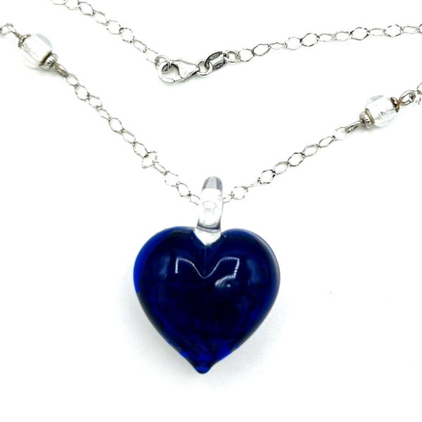 MILROS Italy 14K  White Gold Foiled Royal Blue Glass Heart Pendant Necklace