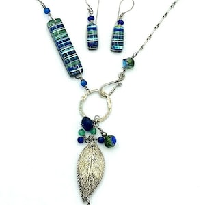 Signed 999 FS Fine Silver Dichroic Glass Leaf Necklace Earrings Set