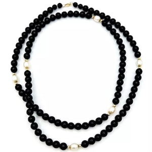 Estate 14K Gold Black Jet Beaded Pearl Necklace 34 in