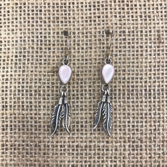 Pink Opal Reverse Teardrop and Feather Dangle Ear… - image 1