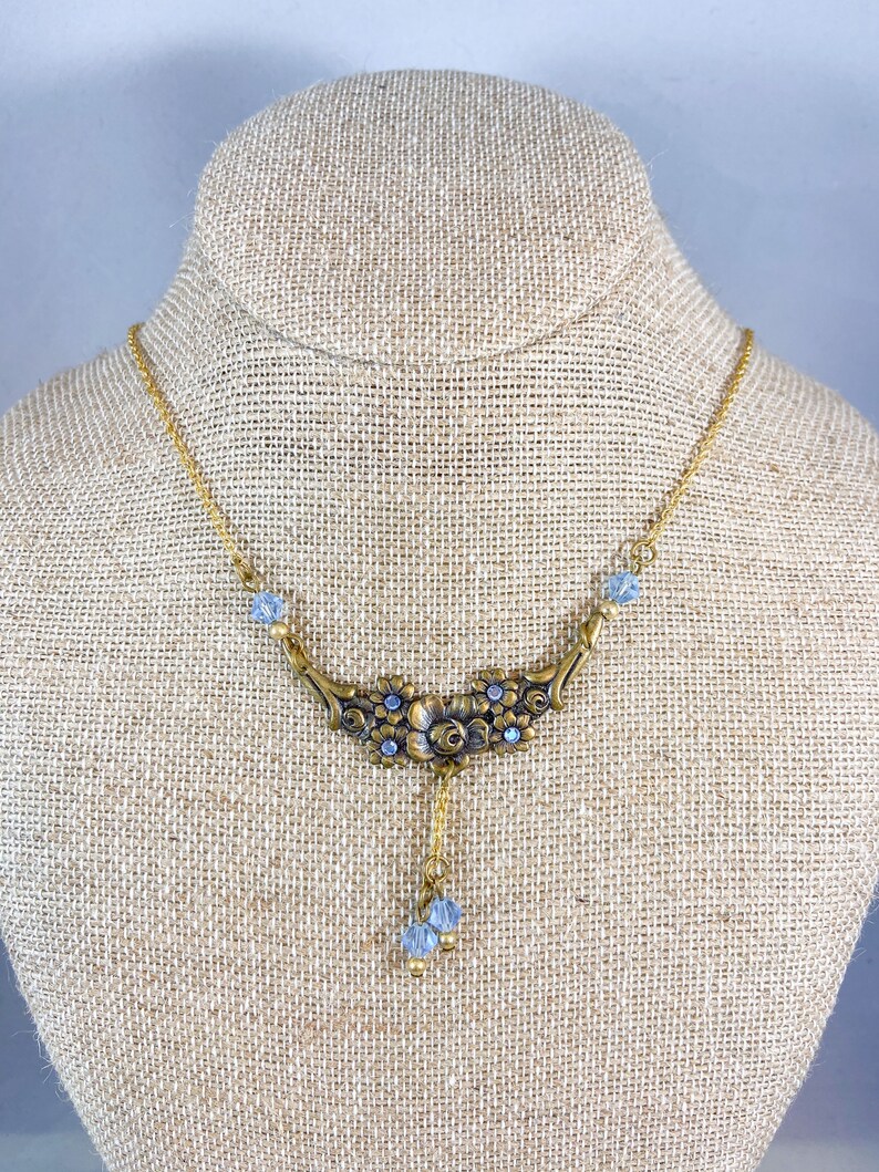 Flowered Costume Necklace with Ice Blue Accent Stones and Beads