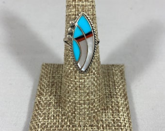Turquoise, Red Jasper, Onyx, and Mother of Pearl Sterling Silver Abstract Ring