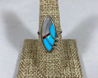 Turquoise, Red Jasper, Onyx, and Mother of Pearl Sterling Silver Abstract Ring