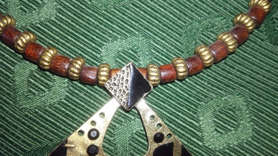 Necklace; 90s Wood and Brass, Brown Beaded-Wire w… - image 5