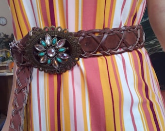 Ladies Braided Belt w/Statement Brass Buckle enhanced w/ Turquoise and Diamond Jewels, Used, like new