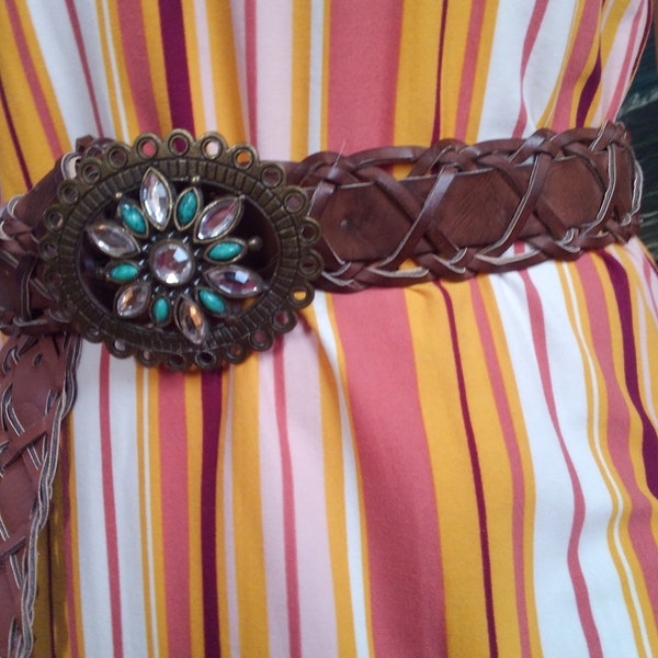 Ladies Braided Belt w/Statement Brass Buckle enhanced w/ Turquoise and Diamond Jewels, Used, like new