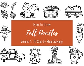 かわいい秋の落書きの描き方、印刷可能なワークシート、バレットジャーナル落書きガイド、ブジョの描画アイデア、秋の線画、秋の描画