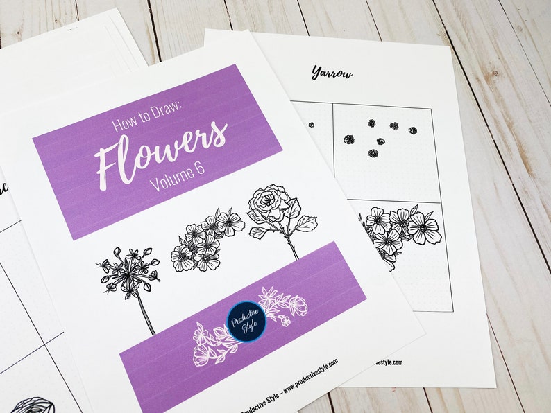 Volym 6: Hur man ritar blommor, utskrivbara arbetsblad, Bullet Journal-klotterguide, Bujo-ritningsidéer, blommig linjeteckning, hur man ritar bild 2