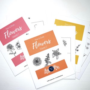 Volym 1, 2 och 3: Hur man ritar blommor, utskrivbara arbetsblad, journalföringsguide för klotter, påskkorgsfyllare, blomteckningshäfte