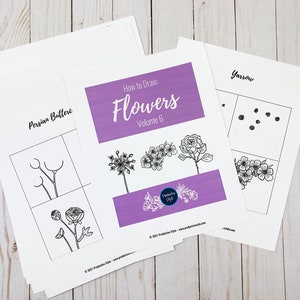 Volym 6: Hur man ritar blommor, utskrivbara arbetsblad, Bullet Journal-klotterguide, Bujo-ritningsidéer, blommig linjeteckning, hur man ritar bild 4