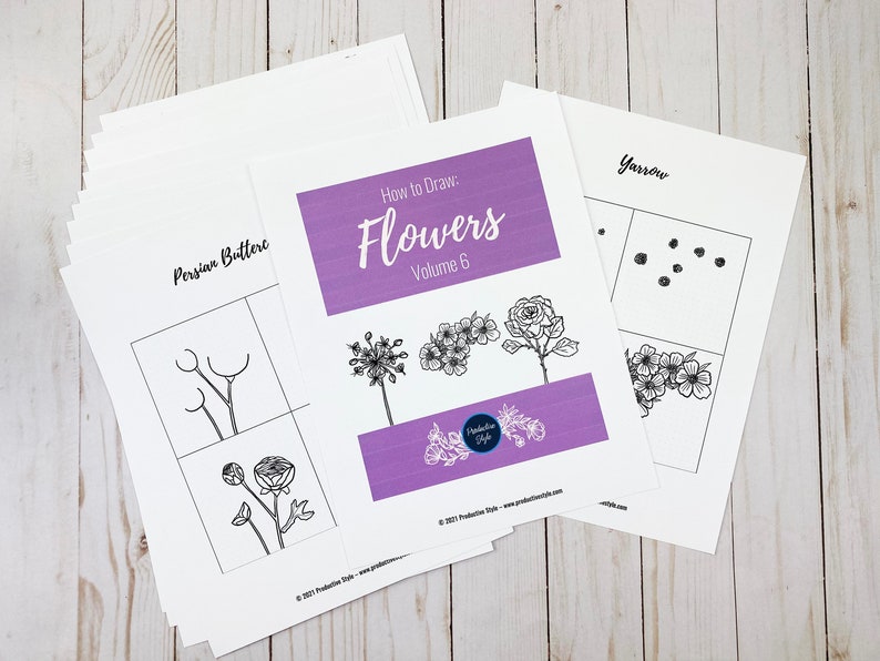 Volym 6: Hur man ritar blommor, utskrivbara arbetsblad, Bullet Journal-klotterguide, Bujo-ritningsidéer, blommig linjeteckning, hur man ritar bild 4
