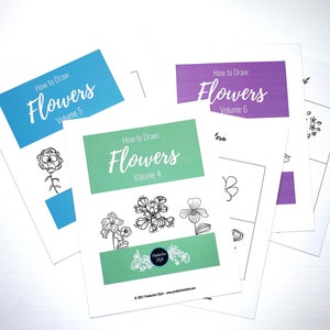 Volúmenes 4, 5 y 6: Cómo dibujar flores, hojas de trabajo imprimibles, guía de garabatos para Bullet Journal, ideas de dibujo de Bujo, dibujo lineal floral