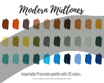 モダン ミッドトーン Procreate カラー パレット、iPad スウォッチ ファイル、イラスト カラー スキーム、iPad Procreate ツール、カラー スウォッチ