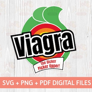 May include: A sticker design featuring the word "Viagra" in bold black letters with a white outline, set against a colorful target design. Below, a banner reads "The Dicker Picker Upper!" The design is surrounded by green shapes.