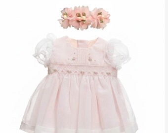 Sz 00 up to 8 lbs   Blush Smocked Dress Headband Set