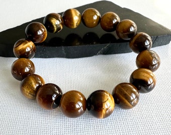 Success & Prosperity, 12mm Chunky Tiger Eye Bracelet, Golden Brown Tiger Eye Beaded Jewelry, Chakra Bracelet, Yoga Mala Beads, Abundance