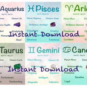 12 tarjetas con información del zodíaco para imprimir, descarga instantánea, para imprimir, información sobre horóscopos, tarjetas astrológicas, información sobre los signos del zodíaco, profesor de yoga
