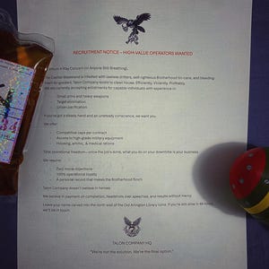 May include: A recruitment notice for high-value operators wanted. The notice is written in a bold, military-style font and features a stylized eagle logo. The text describes the Capital Wasteland as a dangerous place and calls for individuals with experience in small arms, target elimination, and urban pacification. The notice also mentions competitive pay, access to high-grade military equipment, and total operational freedom.