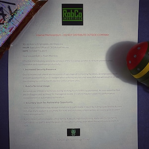 May include: A black and white internal memo from RobCo Industries, dated 13 October 2077. The memo is titled "Internal Memorandum - DO NOT DISTRIBUTE OUTSIDE COMPANY". The memo outlines new security procedures and a voluntary partnership opportunity with Vault-Tec.