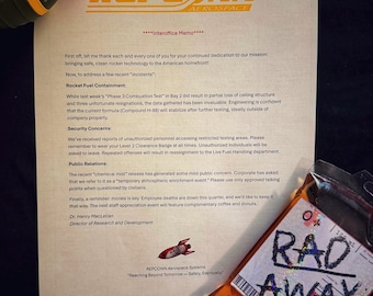 May include: A memo from REPCONN Aerospace, with text about rocket fuel containment and security concerns. A bag labeled "RAD AWAY" is visible, along with a toy rocket and a black background.