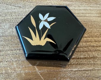 Vintage Black Lacquer Trinket Box, Gold Silver Floral Jewelry Box, 1980s