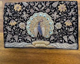 1930s Zardozi Indian Clutch with Peacock with Gold Metal Thread - Vintage Purse with Peacock Detail - Vintage Clutch - Purse Collector
