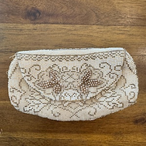 Vintage Beaded Clutch - Vintage Antique Clutch - Vintage Antique Beaded Clutch - Cream and Brown Beaded Clutch - Purse Collection