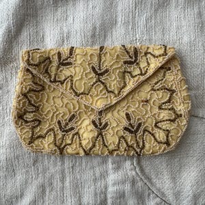 Vintage Beaded Waldorg Clutch - Vintage Beaded Clutch - Kremowa i brązowa torebka z koralikami - Kolekcja Vintage Purse