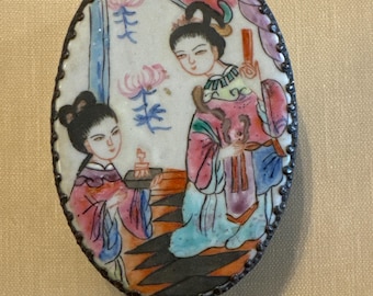 Vintage Jewlery Box with Mirrored Lid - Vintage Vanity Decor - Vintage Asian Trinket Box - Tribkey Box with Asian Women on Top