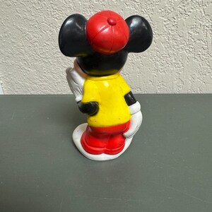 May include: A vintage Mickey Mouse figurine, viewed from the back. The figure wears a red cap, yellow shirt, red shorts, and white gloves. The ears are black, and the base is white. The figurine is a classic Disney collectible.