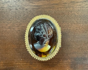 May include: Vintage cameo brooch with an oval shape. It features a woman's profile in dark relief against a lighter background, set within a gold-toned, decorative frame. The frame has a detailed, textured edge. The brooch is likely antique.